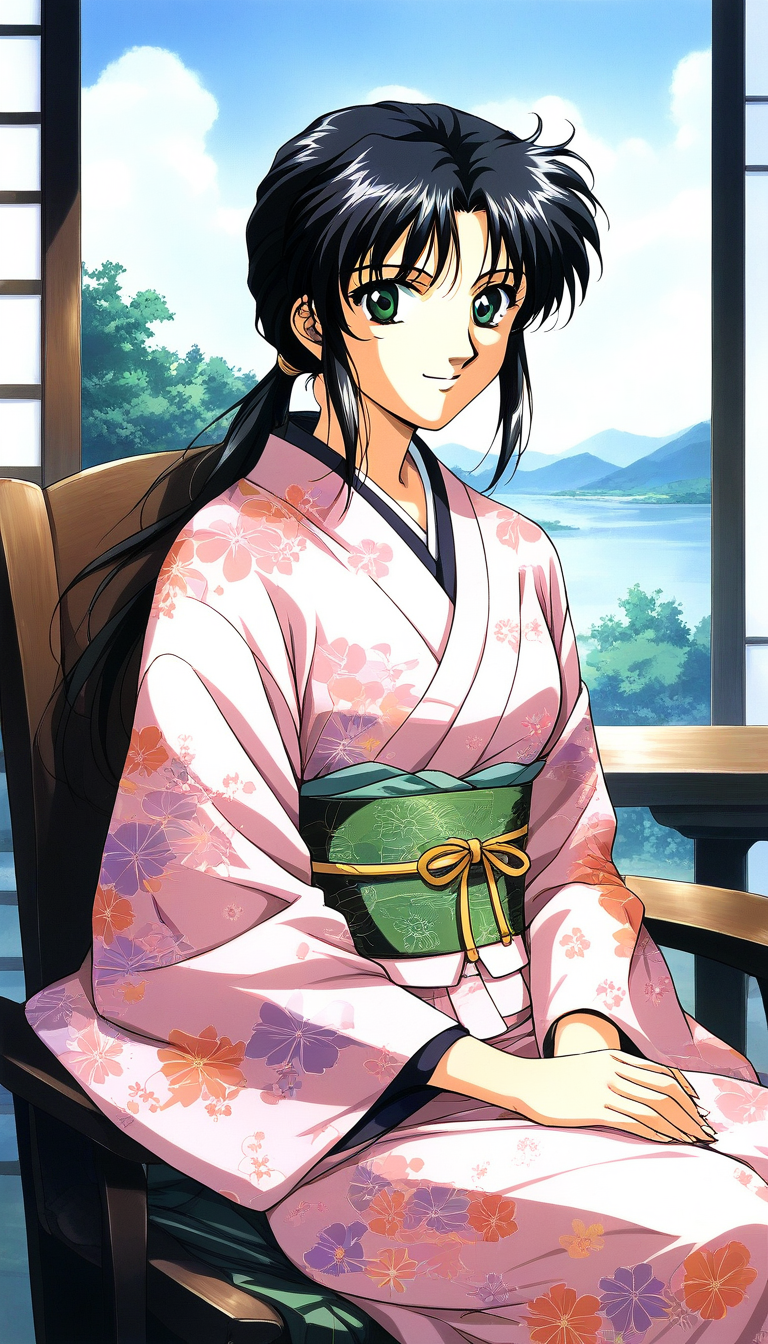 score_9, score_8_up, score_7_up, source_anime, rating_explicit, BREAK <lora:Tachibana_Yumi_XL:1> Tachibana_Yumi, black hair, long hair, green eyes, low ponytail, bangs, sidelocks, 1990s (style), 
japanese clothes, kimono, 1girl, sitting, smile, looking at viewer, sash, 1990s (style), 
obi, solo, solo focus, chair, pink kimono, floral print, own hands together,  long sleeves,
day, sky, outdoor,