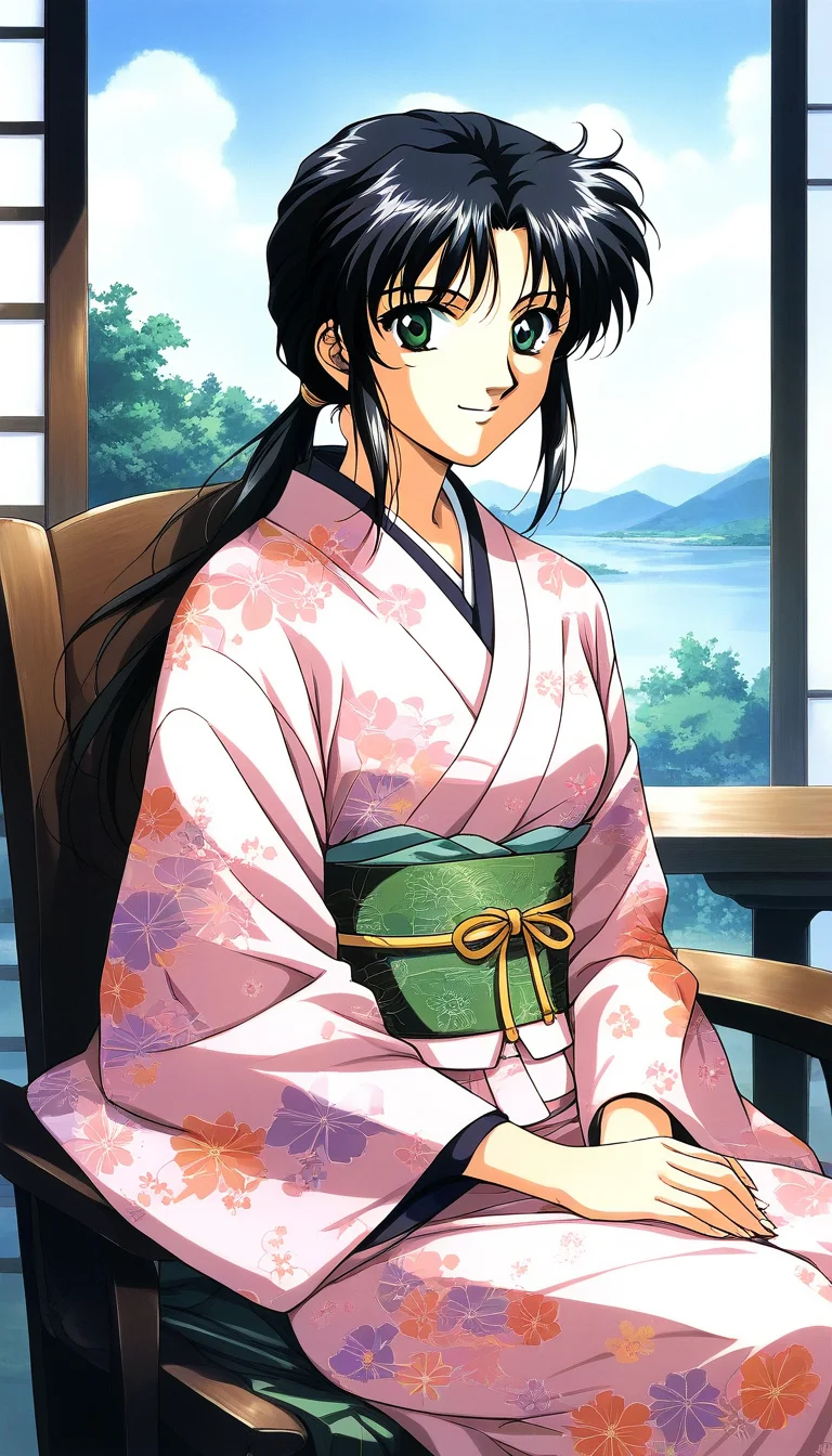 score_9, score_8_up, score_7_up, source_anime, rating_explicit, BREAK <lora:Tachibana_Yumi_XL:1> Tachibana_Yumi, black hair, long hair, green eyes, low ponytail, bangs, sidelocks, 1990s (style),
japanese clothes, kimono, 1girl, sitting, smile, looking at viewer, sash, 1990s (style),
obi, solo, solo focus, chair, pink kimono, floral print, own hands together, long sleeves,
day, sky, outdoor,