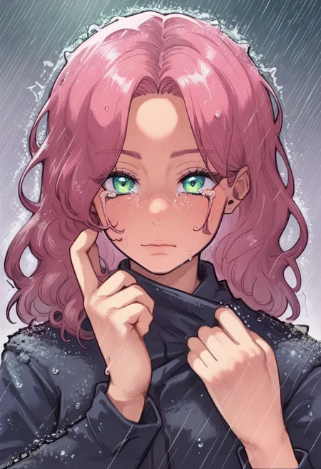score_8_up, score_7_up, score_6_up, score_5_up, ((adult, cinematic: 1,2, dark theme), dramatic lighting, 1girl, tanlines, wavy bang, cotton vest, blue shirt with twitter icon, cotton pants, grass, violet field, (despair, crying, stone cold face, muryokusho, rain), light pink blue green, (masterpiece))