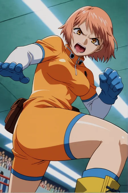 score_9, score_8_up, score_7_up,anime_source, source_anime, best background, detailed background, anime screencap,  Suzuki, 1girl, bodysuit, boots, elbow gloves, gloves, solo, dynamic angle, horny, angry, tsundere, naughty face, pov, fighting pose,   indoors,  <lora:JN_Mikura_Suzuki:0.8>