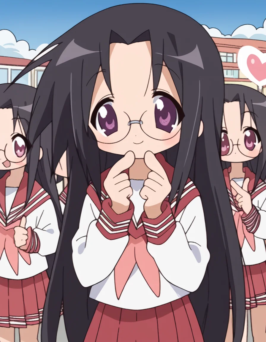 score_9, score_8_up, score_7_up, source_anime, <lora:hiyori-tamura-s1-ponyxl-lora-nochekaiser:1>, hiyori tamura, long hair, black hair, very long hair, purple eyes, glasses,, skirt, long sleeves, school uniform, pleated skirt, serafuku, sailor collar, neckerchief, red skirt, ryouou school uniform,, street market, vendor, street food, bustling crowd, local flavor, vibrant, smile, <lora:finger-heart-ponyxl-lora-nochekaiser:1>, finger heart, heart, blush, smile,, looking at viewer, solo,, dutch angle, cowboy shot