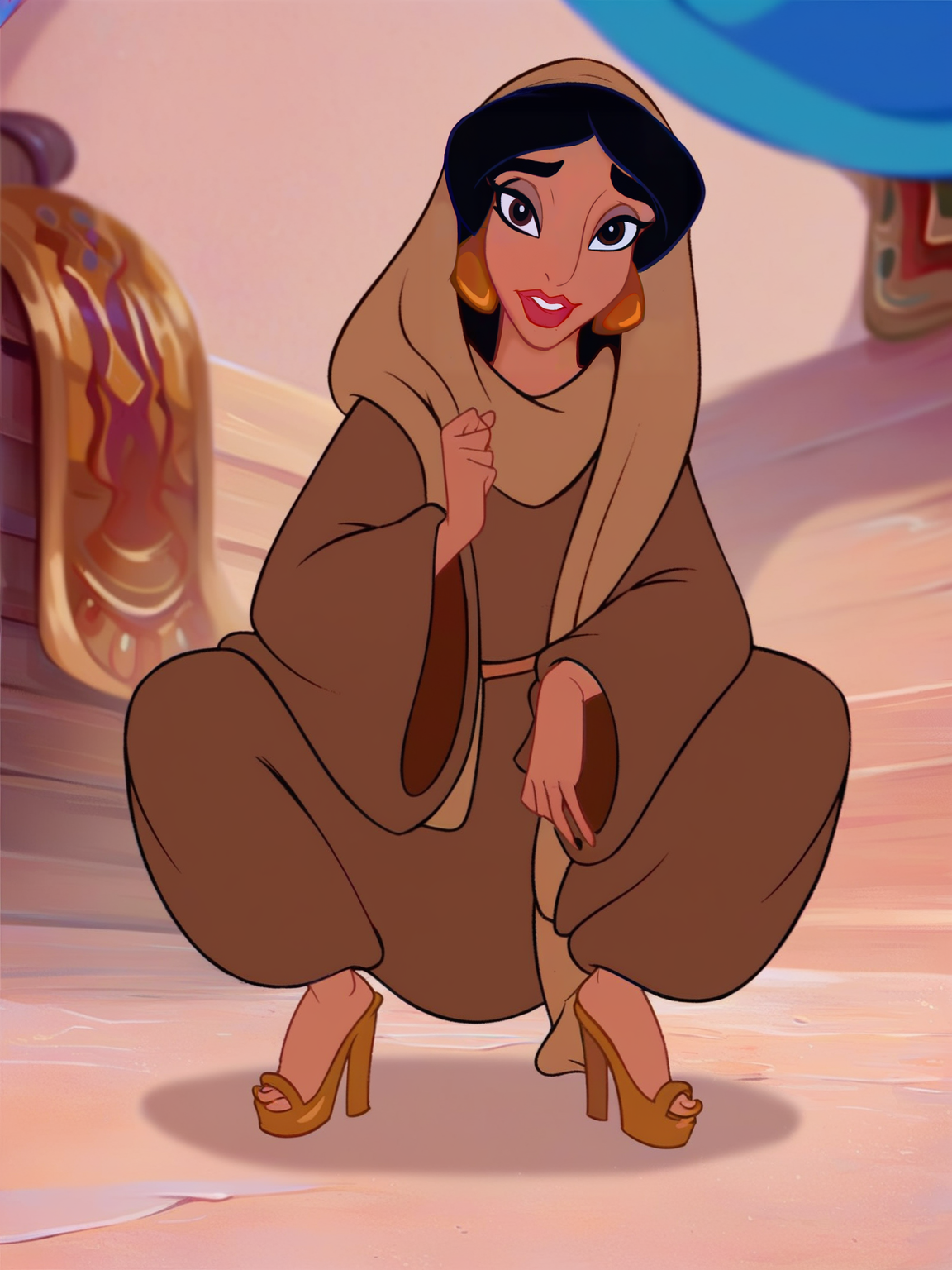 <lora:Jasmine:0.9> Ja_n, 1girl, arabian woman, brown skin, red lips, brown eyes,  black hair, brown abaya, beige hijab, golden earrings, golden curled shoes,
looking at viewer, squatting, front view, spreading legs, platform high heels, score_9, score_8_up, score_7_up,