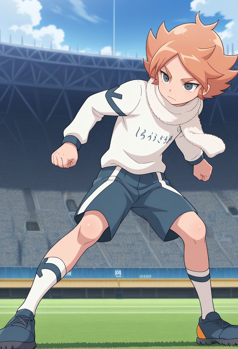 masterpiece,best quality,amazing quality, source_anime, 
FubukiAtsuya, 1boy, male focus, solo, grey eyes, orange hair, scarf, white scarf, alpine soccer unifor, shirt, white shirt, long sleeves, shorts, grey shorts, socks, white socks, shoes, sneakers,
outdoor, sky, day, clouds, stadium,