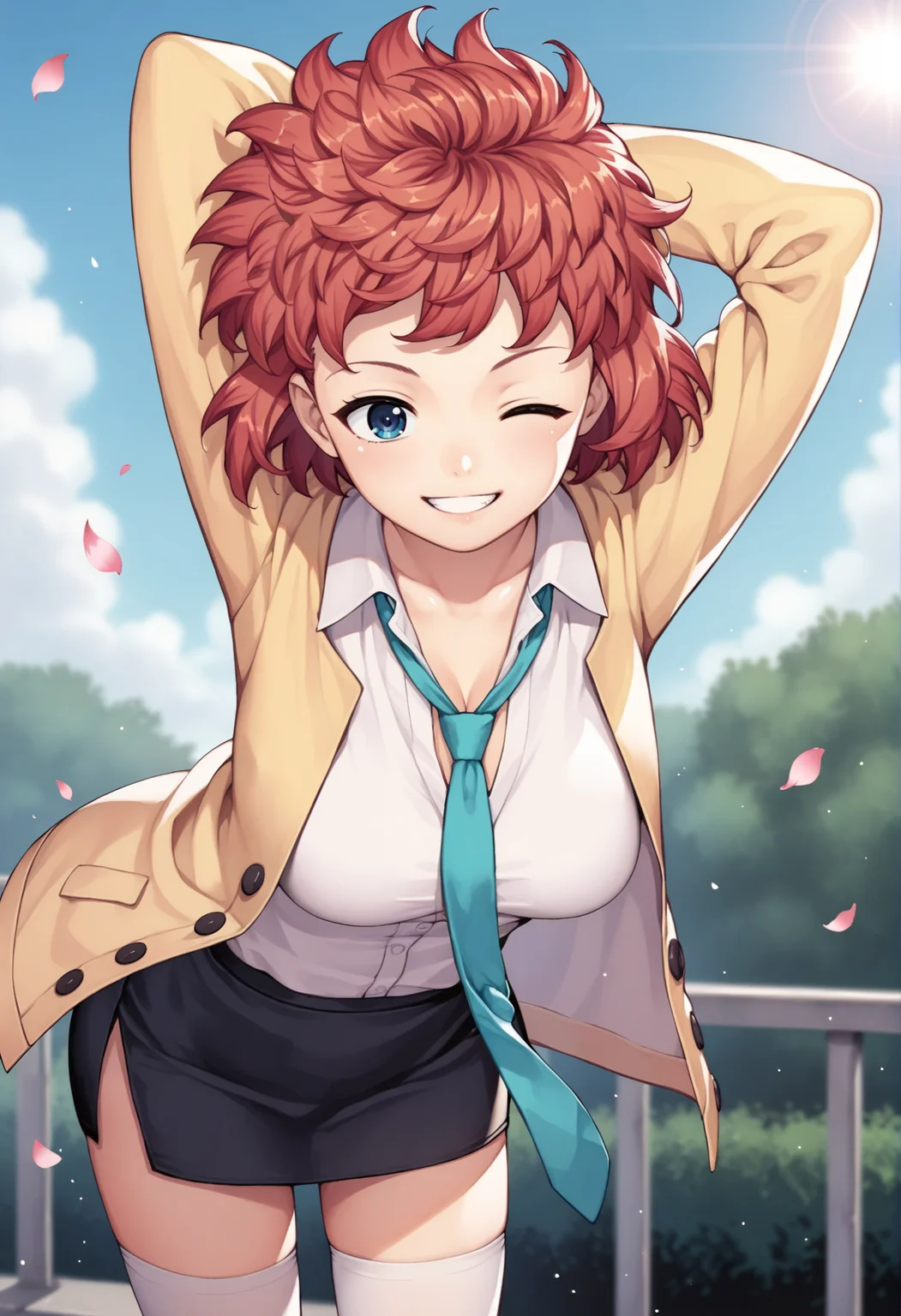 1girl, aqua necktie, arm behind head, arms up, black skirt, blue background, blue eyes, blue sky, blurry, breasts, bush, buttons, cleavage, cloud, collarbone, collared shirt, cowboy shot, day, depth of field, dutch angle, falling petals, glint, hair intakes, half-closed eye, happy, jacket, leaning forward, lens flare, long sleeves, looking at viewer, medium breasts, miniskirt, necktie, one eye closed, open clothes, open jacket, outdoors, parted lips, pencil skirt, petals, railing, red hair, school uniform, shirt, shirt tucked in, short hair, sidelocks, skirt, sky, smile, solo, standing, stretching, teeth, thighhighs, thighs, undone necktie, white shirt, white thighhighs, yellow jacket, zettai ryouiki, blurry <lora:Tsugumomo:1>, score_9, score_8_up, score_7_up, score_6_up, score_5_up, score_4_up, BREAK source_anime, masterpiece