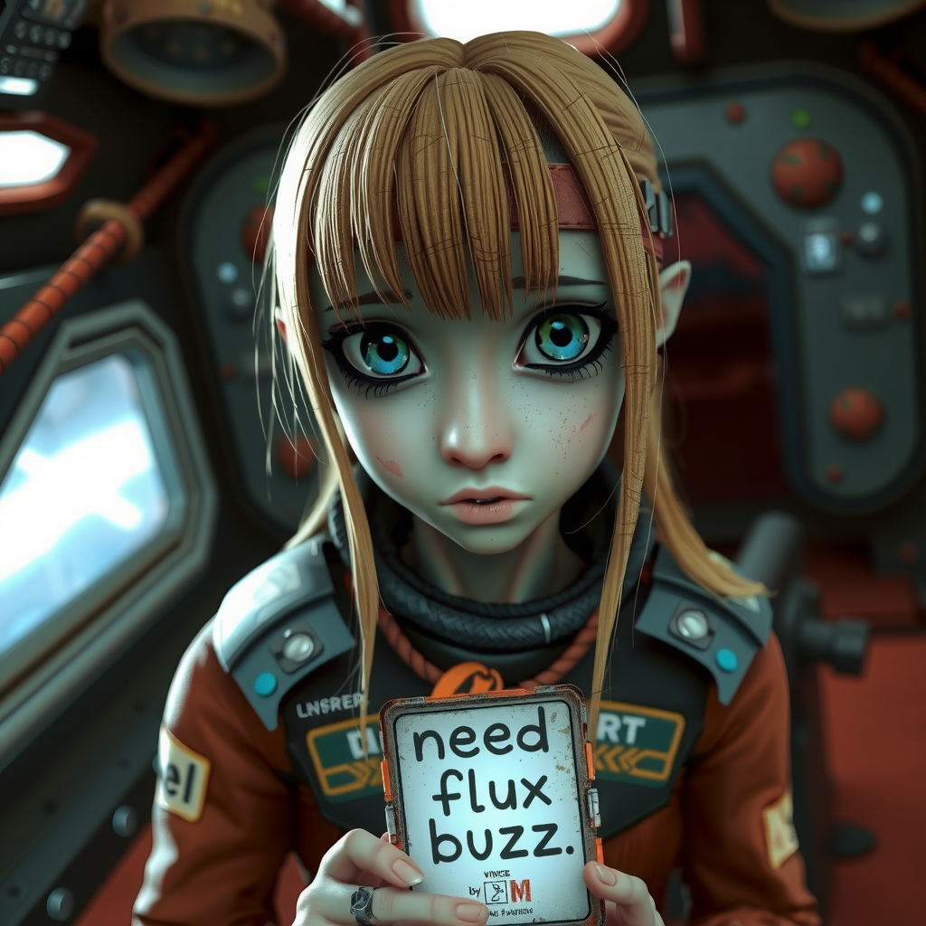 1girl, realistic, alien female green skin, sad, dirty blonde hair, big blue eyes, dirty ripped uniform, holding display saying "need flux buzz", spaceship cockpit