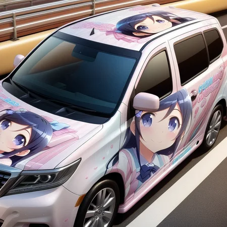 aragaki ayase,smile,vehicle focus, from side(lapping car,print car,painted car style),masterpiece,best quality, very aesthetic, absurdres, ultra detailed <lora:Ayase_Aragaki_-_Oreimo:0.7> <lora:lappingcar:1>