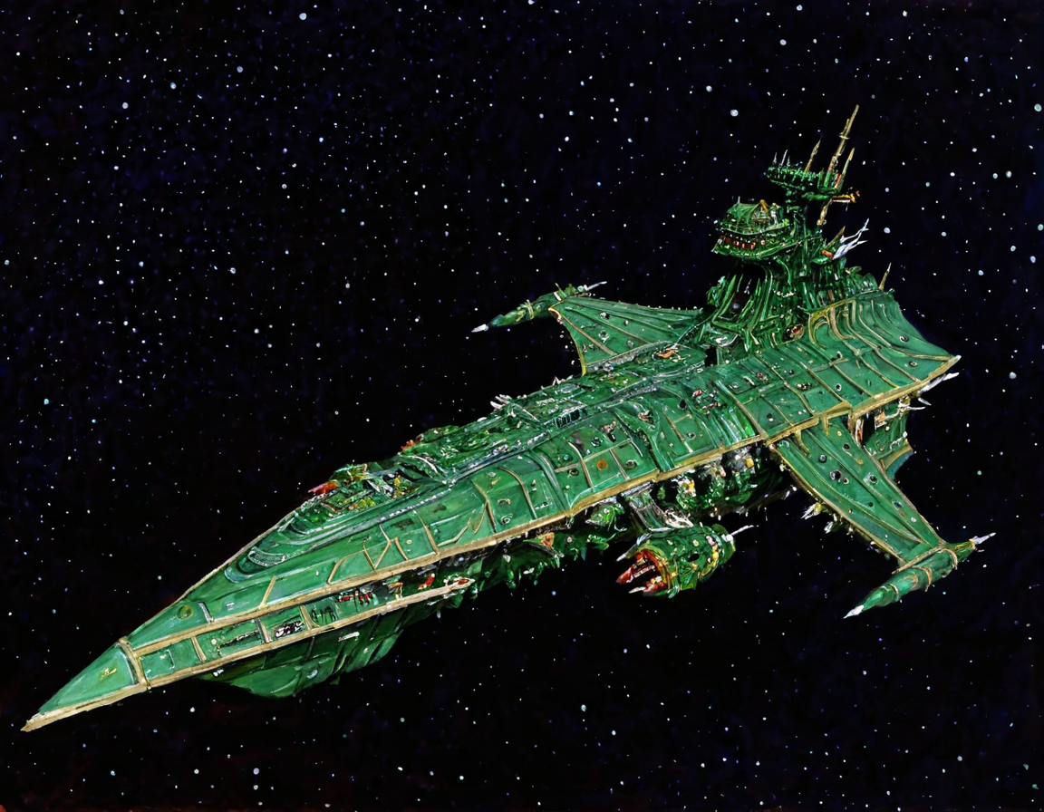 oil painting,<lora:Chaos_Warfleet_-_Warhammer_40000_SDXL:0.8>,a green chaoswarfleet cruiser in outer space, no_humans
