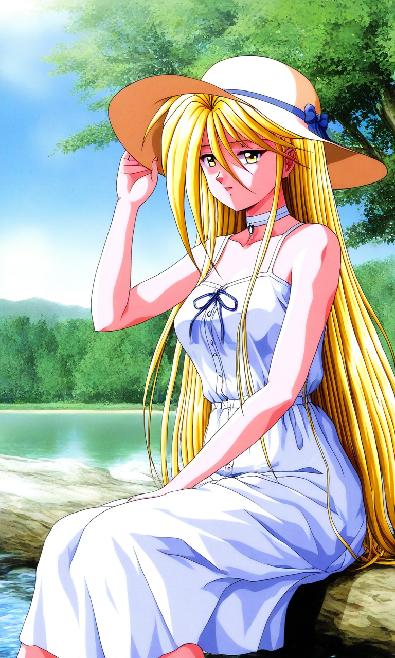 general,highres, ultra-detailed,very aesthetic,best quality ,best hands, BREAK <lora:Ijuuin_Rei_Tokimeki_Memorial_IS:1>
Ijuuin_Rei(Tokimeki_Memorial), 1girl, solo, blonde hair, yellow eyes, hair between eyes, breasts, 
long hair, hat, white dress, sundress, sun hat, day, outdoors,  sitting,
 water, choker,  tree,
very long hair, sleeveless dress, sleeveless, 
sky, hair between eyes, ribbon