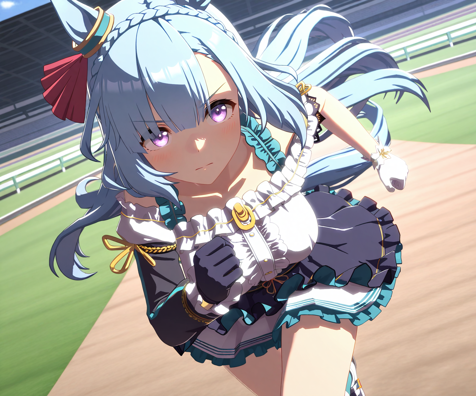 masterpiece, best quality, amazing quality, , 1girl, solo,umamusume, racetrack, running, serious,   <lora:Mejiro Ardan in game style 3D ILL-v2.1:1> ummsmingame, 3d, mejiro ardan \(umamusume\), asymmetrical gloves, single sleeve