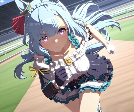 masterpiece, best quality, amazing quality, , 1girl, solo,umamusume, racetrack, running, serious,   <lora:Mejiro Ardan in game style 3D ILL-v2.1:1> ummsmingame, 3d, mejiro ardan \(umamusume\), asymmetrical gloves, single sleeve
