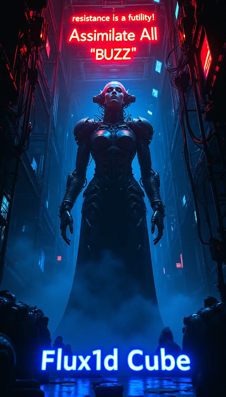 The Giant Borg queen descending from the ceiling with power and glory and might, wires cables, humanoid drones and computer lights everywhere top floating glowing neon text bubble "resistance is a futility!" red neon text "Assimilate All *BUZZ*" add bottom bright blue text "Flux1d Cube" cyberpunk
<lora:Cinematic_style:0.3><lora:flux_realism_lora:0.3>