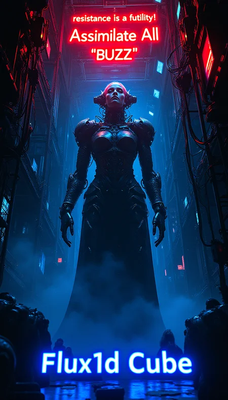 The Giant Borg queen descending from the ceiling with power and glory and might, wires cables, humanoid drones and computer lights everywhere top floating glowing neon text bubble "resistance is a futility!" red neon text "Assimilate All *BUZZ*" add bottom bright blue text "Flux1d Cube" cyberpunk
<lora:Cinematic_style:0.3><lora:flux_realism_lora:0.3>