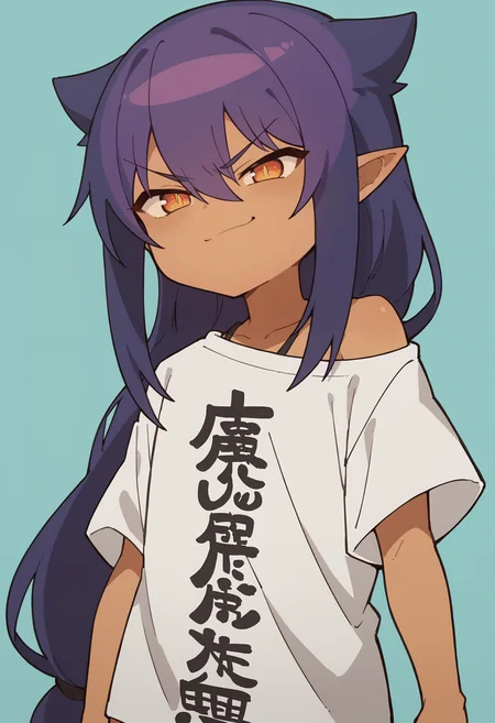 score_9, score_8_up, score_8, source_anime, 1girl, <lora:Jahy:0.8> solo, chibi, dark skin, dark-skinned female, long hair, hair between eyes, purple hair, pointy ears, shirt, white shirt, clothes writing, oversized clothes, smug, smirk,
light blue background, simple background,