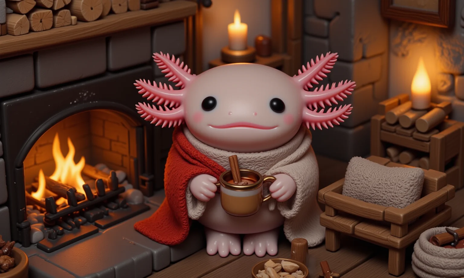 top down tilt shift image of tiny cute anthropomorphized axolotls with pink frilly gills and round black eyes, high-angle view of a pink axolotl in a tiny mountain cabin, wrapped in a cozy blanket by the fire, holding a small mug of spiced cider topped with a cinnamon stick; its round black eyes are relaxed, and its frilly gills sway in time with the crackling fire; the stone fireplace and rustic wood furniture create a warm, earthy setting, while the tilt-shift effect blurs the flickering firelight, stacked firewood, and knit blankets, adding a sense of cozy, secluded charm to this mountain retreat<lora:Axomodel_Flux_V2.safetensors:1.0:1.0> <lora:isometric.safetensors:1:1>