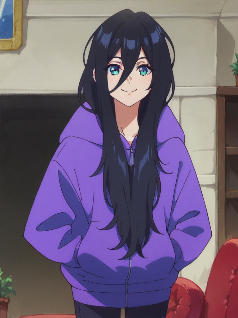 score_9, score_8_up, score_7_up,  
1girl, zenshu, black hair, long hair, hair between eyes,  smile, purple hoodie, hands in pockets, indoors, bedroom, looking at viewer, hood up, hood,