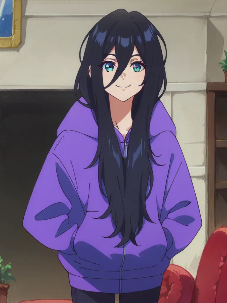 score_9, score_8_up, score_7_up,  
1girl, zenshu, black hair, long hair, hair between eyes,  smile, purple hoodie, hands in pockets, indoors, bedroom, looking at viewer, hood up, hood,