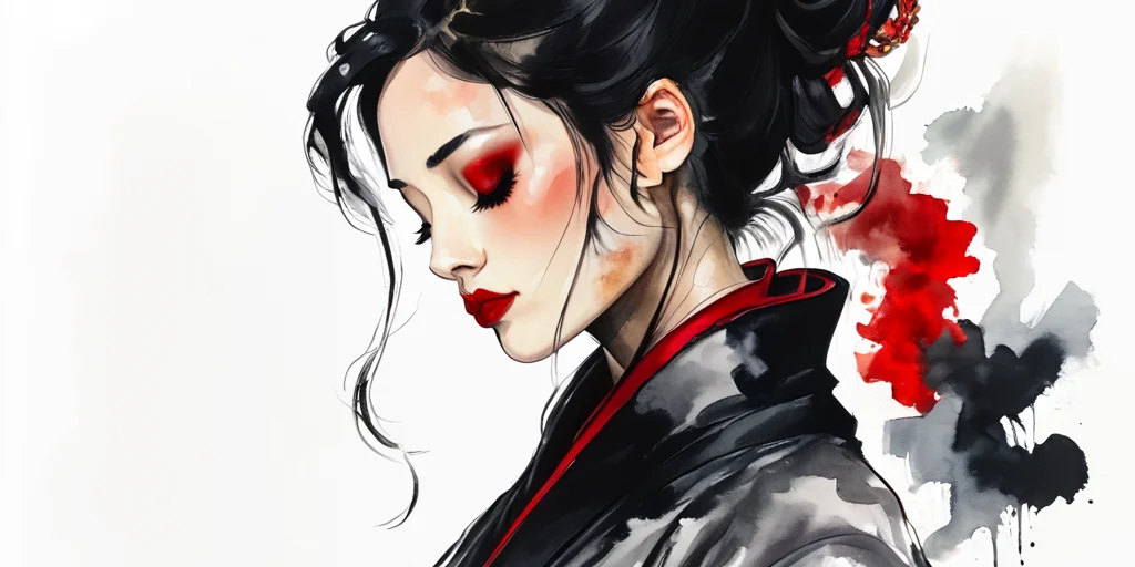 Score_9, score_8_up, score_7_up, score_6_up, BREAK <lora:Expressive_Watercolor_Ink_washPony:1> ArsMJStyle, Expressive Watercolor Ink Wash, The image is a watercolor painting of a woman's face. The woman has long dark hair tied up in a bun with a red ribbon tied around it. She is wearing a black jacket with a high collar and a red scarf around her neck. Her eyes are closed and her lips are painted with red lipstick. The background is white with a subtle texture of red and gray. The overall mood of the image is peaceful and serene., 1girl, solo, japanese clothes, makeup, black hair, kimono, red lips, closed eyes, profile, white background