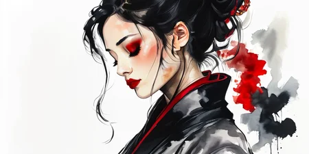 Score_9, score_8_up, score_7_up, score_6_up, BREAK <lora:Expressive_Watercolor_Ink_washPony:1> ArsMJStyle, Expressive Watercolor Ink Wash, The image is a watercolor painting of a woman's face. The woman has long dark hair tied up in a bun with a red ribbon tied around it. She is wearing a black jacket with a high collar and a red scarf around her neck. Her eyes are closed and her lips are painted with red lipstick. The background is white with a subtle texture of red and gray. The overall mood of the image is peaceful and serene., 1girl, solo, japanese clothes, makeup, black hair, kimono, red lips, closed eyes, profile, white background