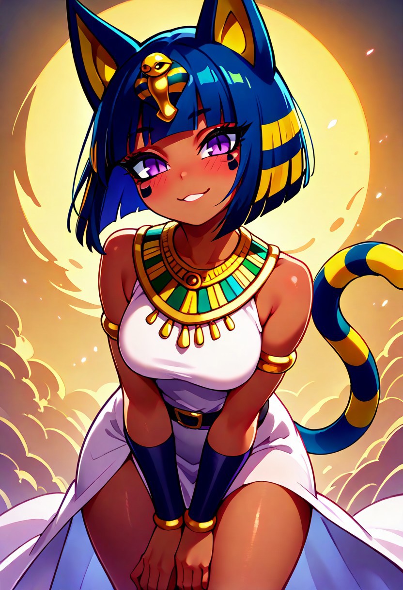 masterpiece, best quality, absurdres, medium breasts, (curvy), cute, eyelashes, vivid colors,   
BREAK,  
,,,
zzAnkha, animal crossing, animal ears, armlet, bare shoulders, belt, blonde hair, blue hair, blunt bangs, blunt ends, bob cut, cat ears, cat girl, cat tail, cropped, daniel deng, dark skin, dress, eye of horus, eyelashes, eyes visible through hair, facial tattoo, humanization, purple eyes, shiny skin, short hair, slit pupils, tattoo, usekh collar, white dress , 
,,,
smile, looking at viewer,   
,,,
smile, looking at viewer, leaning forward, head tilt, blush,
