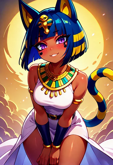 masterpiece, best quality, absurdres, medium breasts, (curvy), cute, eyelashes, vivid colors,
BREAK,
,,,
zzAnkha, animal crossing, animal ears, armlet, bare shoulders, belt, blonde hair, blue hair, blunt bangs, blunt ends, bob cut, cat ears, cat girl, cat tail, cropped, daniel deng, dark skin, dress, eye of horus, eyelashes, eyes visible through hair, facial tattoo, humanization, purple eyes, shiny skin, short hair, slit pupils, tattoo, usekh collar, white dress ,
,,,
smile, looking at viewer,
,,,
smile, looking at viewer, leaning forward, head tilt, blush,