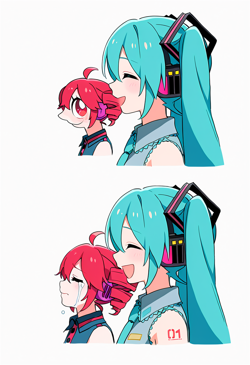 masterpiece, best quality, absurdres, good boy, 2girls, kasane teto, smile, looking at another, hatsune miku, sad, closed mouth, simple background, white background, closed eyes, comic, open mouth, .., crying, <lora:good_boy_meme:1>