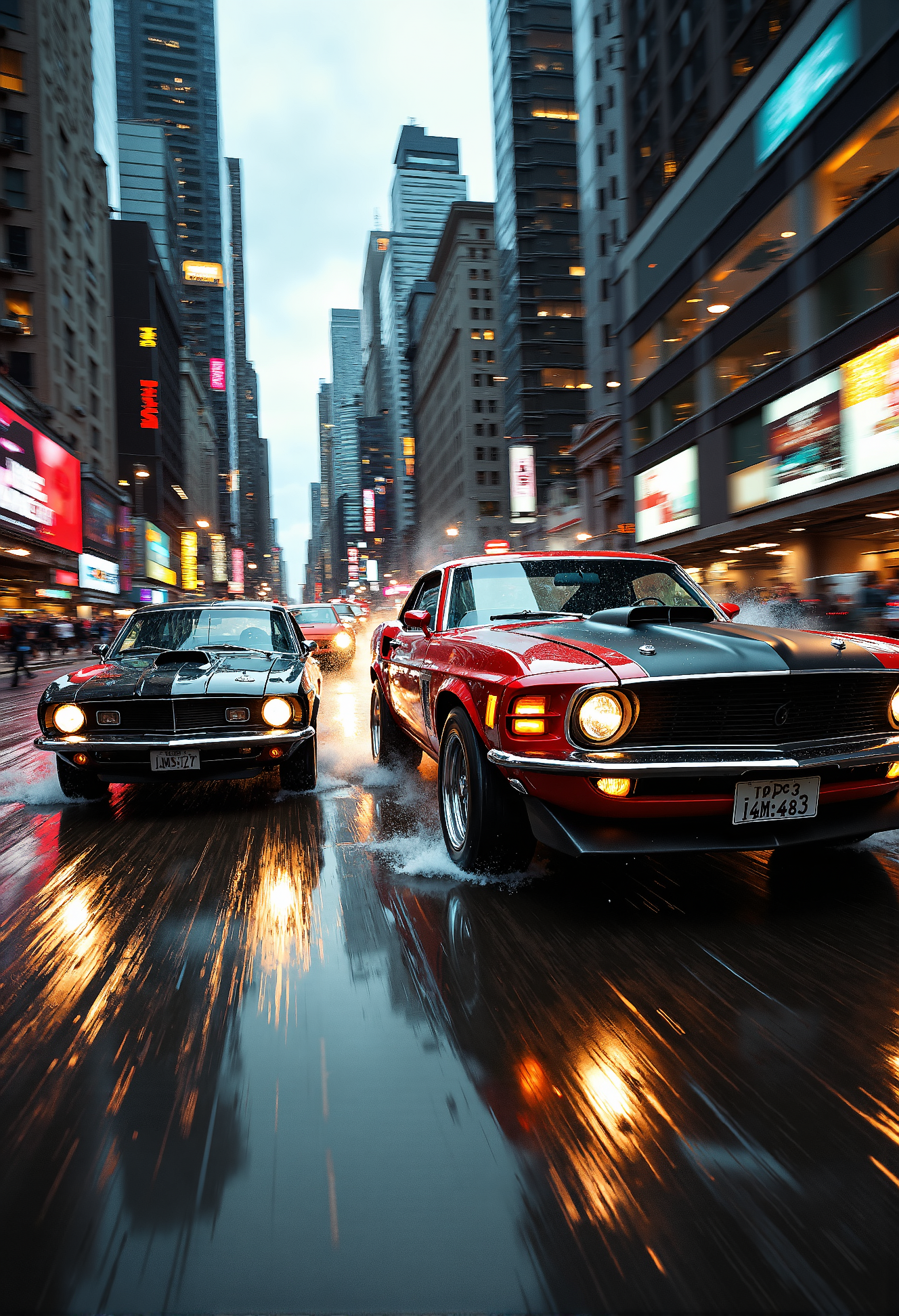 A high-energy, cinematic car chase scene set in a bustling cityscape at dusk. Two sleek, vintage muscle carsâone a roaring red 1969 Ford Mustang and the other a black 1970 Dodge Chargerâspeed down narrow, rain-slicked streets, tires screeching as they weave through traffic. Sparks fly as the cars narrowly avoid collisions, and the Mustang skids around a sharp corner, fishtailing dangerously close to the sidewalk. The Charger is hot on its tail, headlights glaring, and engine growling with raw power. The city lights blur in the background, and reflections of neon signs dance across the wet pavement. Skyscrapers loom overhead, and pedestrians dive out of the way as the cars tear through intersections. The atmosphere is tense and exhilarating, capturing the thrill and danger of a classic, high-stakes car chase.