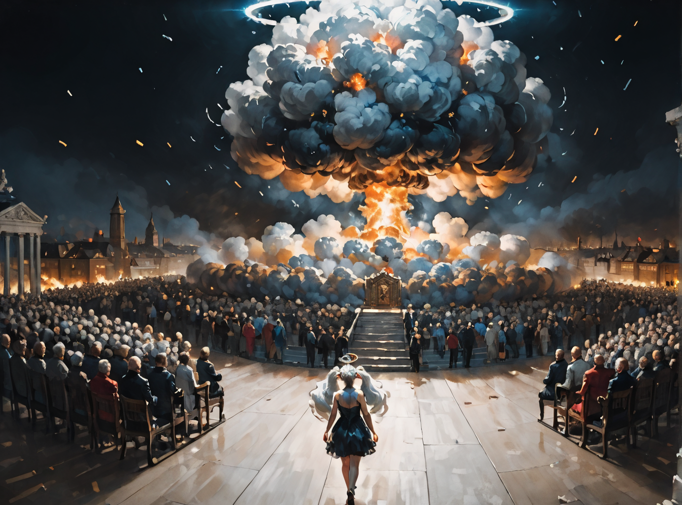 score_9, score_8_up, score_7_up, Fighting scene, shot from above, looking up against all odds, mourning,  <lora:Kirsche:1>(kirsche, twintails, long hair, fluffy hair, cherry hairornaments, white hair, animal ears, large breasts, halo), lollita dress, black dress, lollita fashion accessories, red details, Black hair, white highlights, <lora:Nuclear_Explosion:1> Nuclear Explosion, Blue Nuke in the Background, A skulls throne, darkened by time and decay, the growing black tendrils sprawl in technological terror,highly detailed
