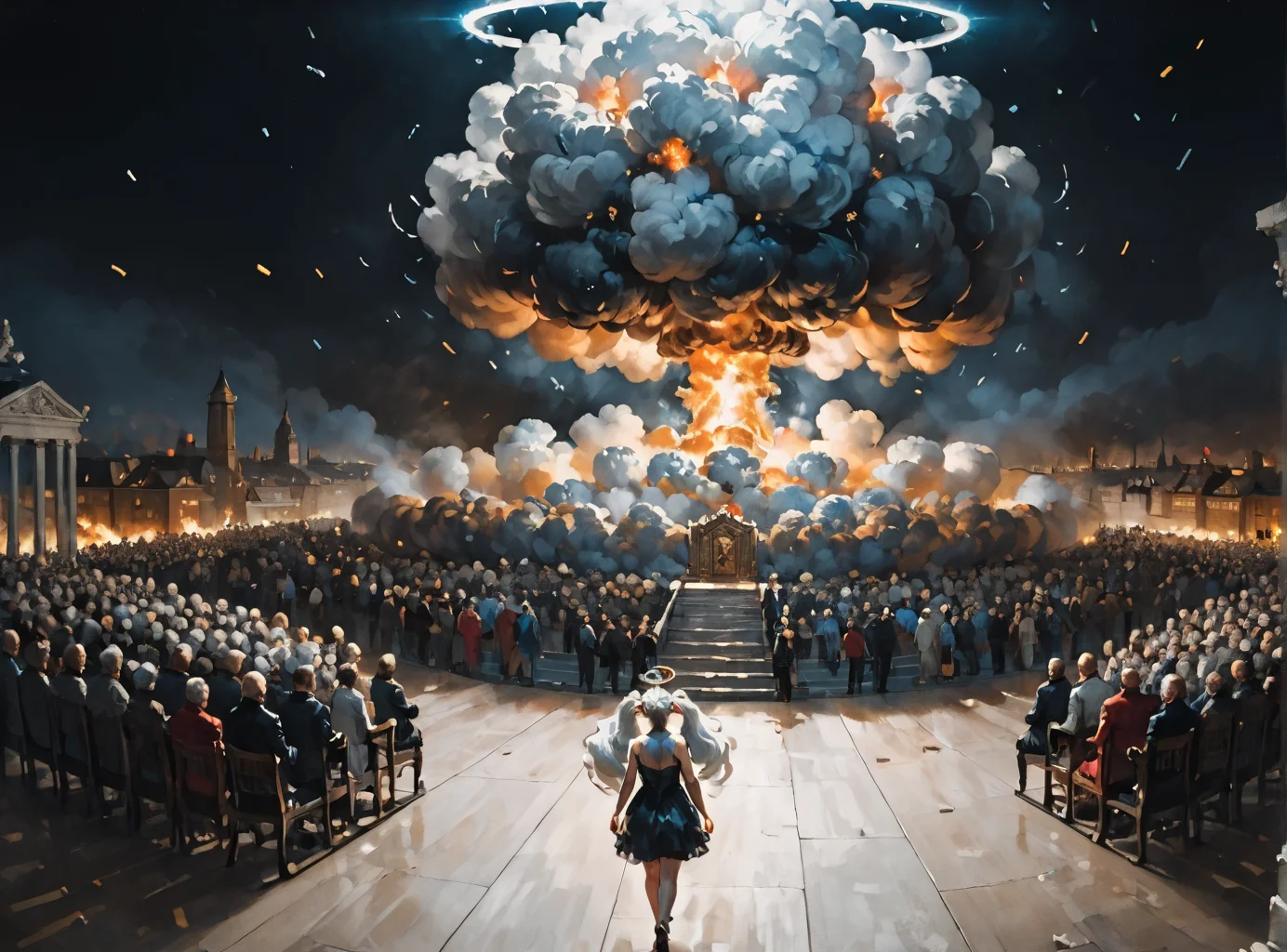 score_9, score_8_up, score_7_up, Fighting scene, shot from above, looking up against all odds, mourning,  <lora:Kirsche:1>(kirsche, twintails, long hair, fluffy hair, cherry hairornaments, white hair, animal ears, large breasts, halo), lollita dress, black dress, lollita fashion accessories, red details, Black hair, white highlights, <lora:Nuclear_Explosion:1> Nuclear Explosion, Blue Nuke in the Background, A skulls throne, darkened by time and decay, the growing black tendrils sprawl in technological terror,highly detailed
