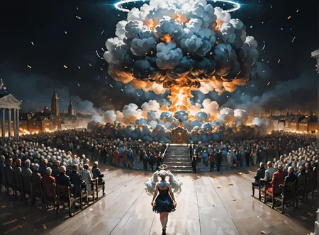 score_9, score_8_up, score_7_up, Fighting scene, shot from above, looking up against all odds, mourning, <lora:Kirsche:1>(kirsche, twintails, long hair, fluffy hair, cherry hairornaments, white hair, animal ears, large breasts, halo), lollita dress, black dress, lollita fashion accessories, red details, Black hair, white highlights, <lora:Nuclear_Explosion:1> Nuclear Explosion, Blue Nuke in the Background, A skulls throne, darkened by time and decay, the growing black tendrils sprawl in technological terror,highly detailed
