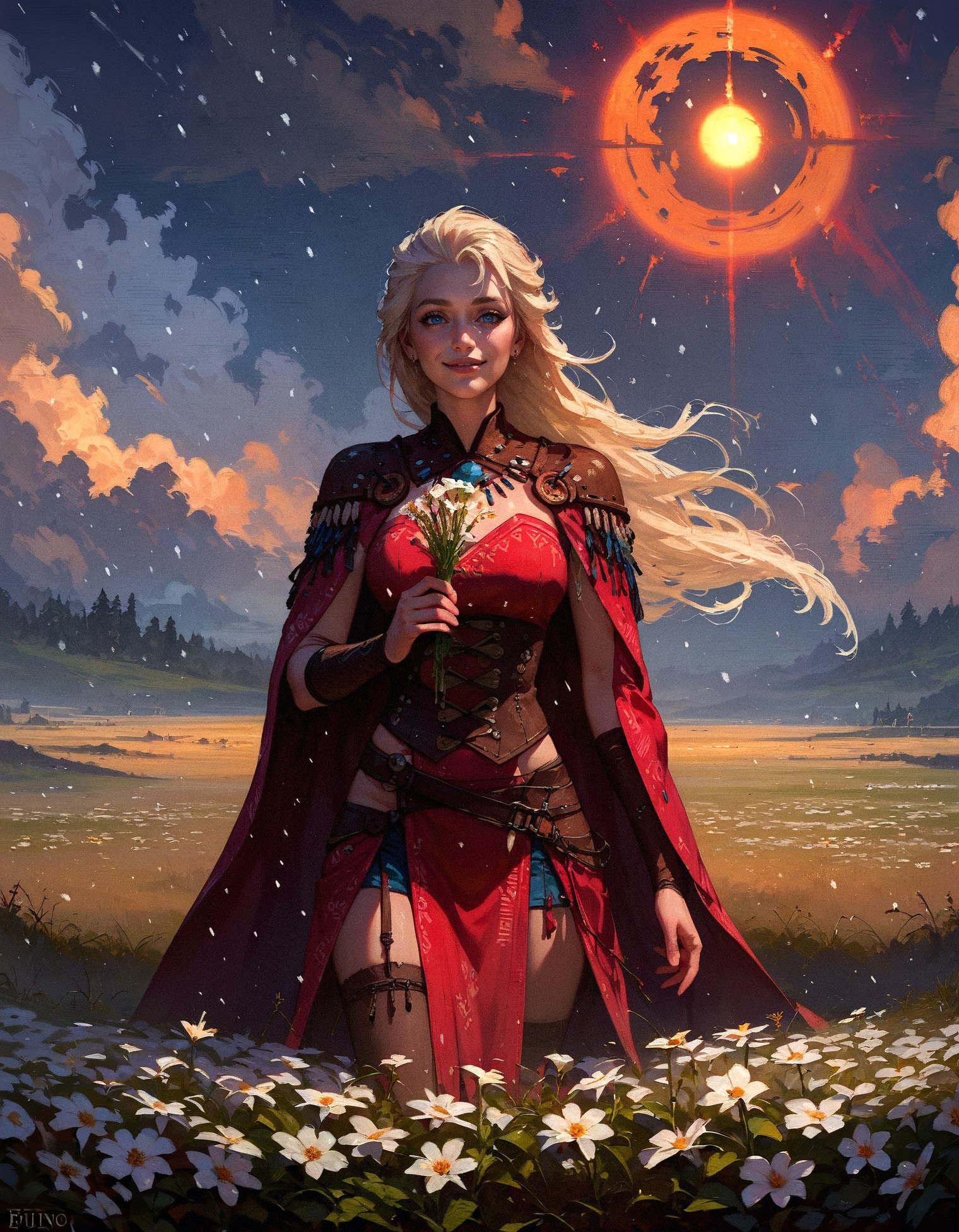 score_9, score_8_up, score_7_up,  (1girl:1.2), (eskimo), tribal, snowing, warm clothes, in a field, desolate, woman, erotic, seductive, snow, fur-trimmed clothes, blonde hair, long hair, Elsa, smile, holding white flowers, wheat field, golden sun,  <lora:pony/twilight_style:0.8> concept art, realistic, <lora:pony/expressiveh:0.8> expressiveh