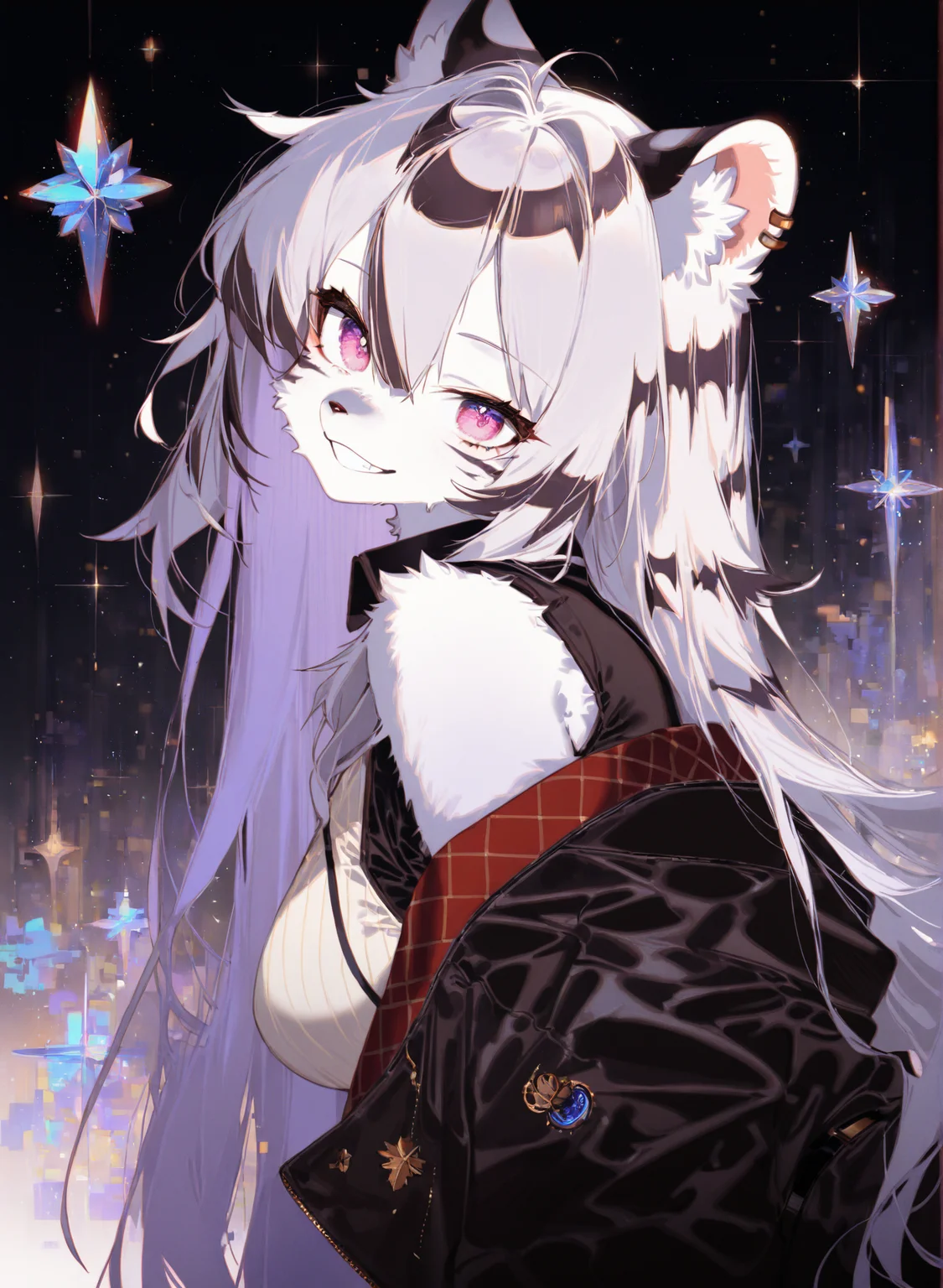 1girl, hannah, (aged up), general, (furry), white fur, white hair, long hair, striped hair, pink eyes, blue shimmer, close-up, head tilt, leaning forward, wide grin, collared shirt, black coat, off-shoulder, dark background, from side,
(artist:mappaninatta:1.10), (artist:waterkuma:0.95), (artist:akizero1510:1.10), (artist:kawacy:1.05), artist:kujou karasuma, (artist:ru zhai:1.05), (artist:tetsurou \(fe+\):0.95), artist:nardack, year 2023,
masterpiece, high score, great score, absurdres, playing card, abstract background,
<lora:Hannah_Mahjong_Soul_Illustrious_v02:0.85>