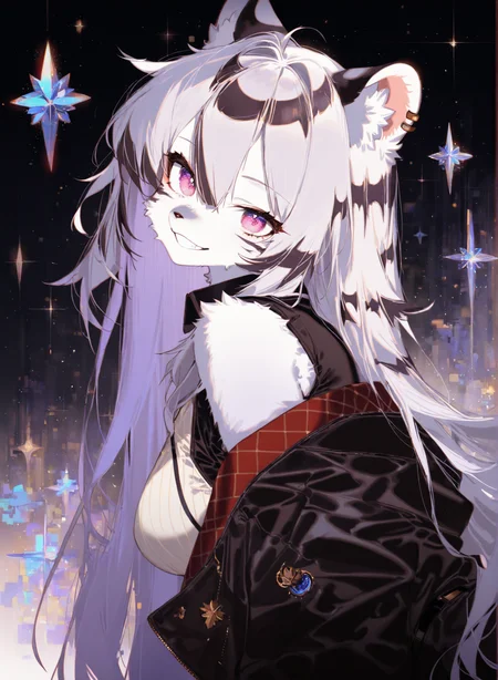 1girl, hannah, (aged up), general,  (furry), white fur, white hair, long hair, striped hair, pink eyes, blue shimmer, close-up, head tilt, leaning forward,  wide grin, collared shirt, black coat, off-shoulder, dark background, from side, 
(artist:mappaninatta:1.10), (artist:waterkuma:0.95), (artist:akizero1510:1.10), (artist:kawacy:1.05), artist:kujou karasuma, (artist:ru zhai:1.05), (artist:tetsurou \(fe+\):0.95), artist:nardack, year 2023,
masterpiece, high score, great score, absurdres, playing card, abstract background, 
 <lora:Hannah_Mahjong_Soul_Illustrious_v02:0.85>
