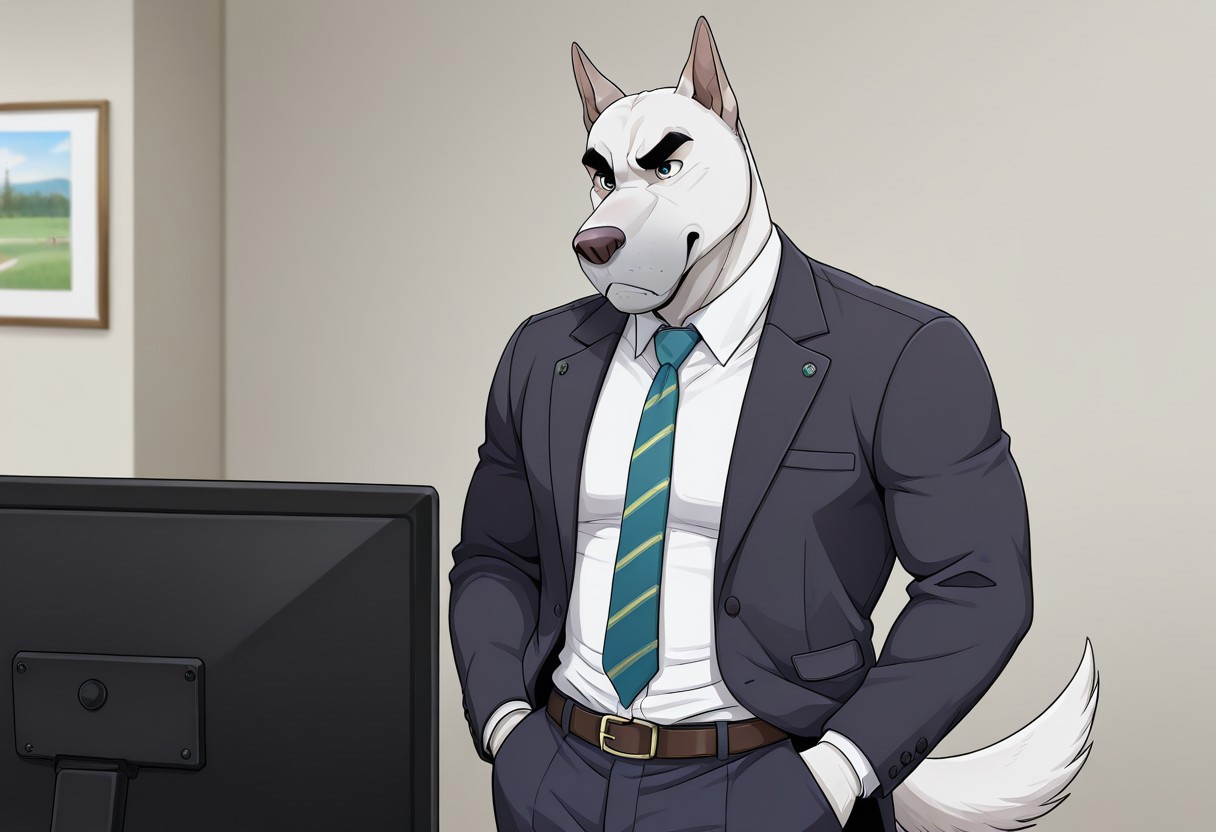 score_9, score_8_up, score_7_up, score_6_up, score_5_up, score_4_up, solo, 1boys, detailed background, detailed face, dog tail, dog, gray nose, Emery Walden, 2d, jackaloo style, serious expression, thick, white body, muscular, white shirt, tie, jacket, trousers