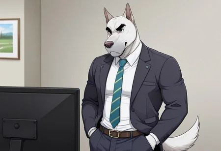score_9, score_8_up, score_7_up, score_6_up, score_5_up, score_4_up, solo, 1boys, detailed background, detailed face, dog tail, dog, gray nose, Emery Walden, 2d, jackaloo style, serious expression, thick, white body, muscular, white shirt, tie, jacket, trousers
