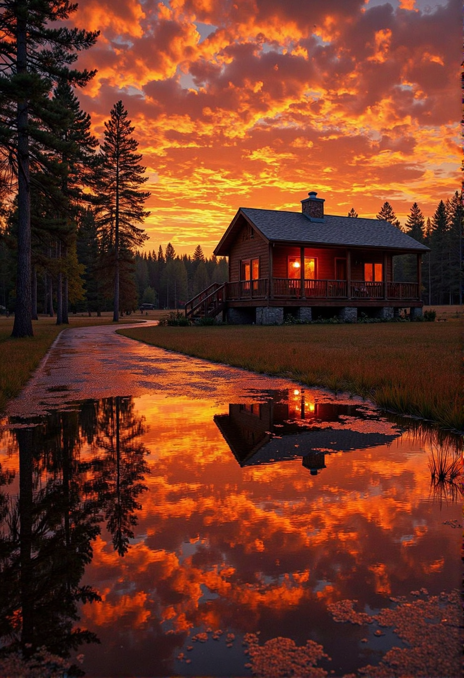 <lora:models\Flux\Flux.1_Turbo_Detailer:1>,, Intricately textured As the sun dips below the horizon, a symphony of colors fills the sky. The sky is a deep shade of orange, and the reflection of the sky is so vivid that it almost seems to dance in the air. The glass is a deep shade of red, and the reflection of the sky is so intense that it almost seems to dance in the air. The scene is set in a cozy cabin nestled in the woods, with a fire crackling in the fireplace and a few trees lining the road.