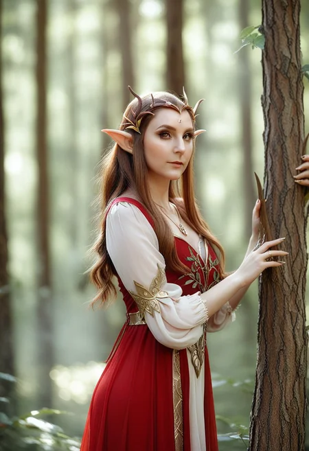 depth of field, fantasy photoshoot, photo, professional photoshoot,
1girl, elf, pointy ears, themes of red and gold,
long hair, dress, jewelry, brown hair,
summer forest, branches in foreground, blurry foreground, trees in background,
realistic, blurry