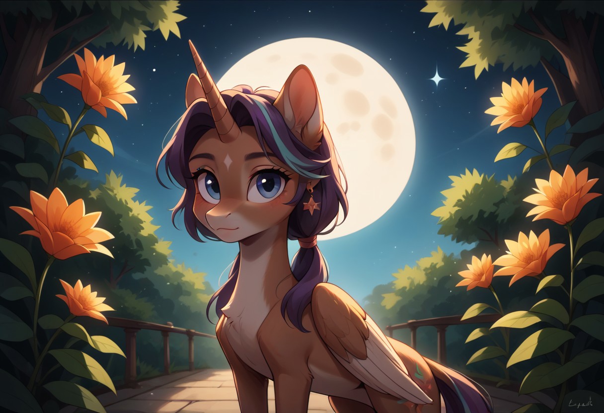 score_9, score_8_up, score_7_up, score_6_up, score_5_up, score_4_up, Starlight Glimmer, alicorn pony, g5, inside, rich colors, aroused, front view, detailed background, pony, detailed, 8k quality, side view, beautiful, teasing, easel and brushes, leaned to the floor, close up, free actions, (masterpiece:1.5), 8k, best quality, ultra-detailed, (high res), cinematic lighting, beautiful lighting, high quality, studio quality, detailed, insanely detailed, extreme detail, refined detail, perfect detail, max detail, smooth lighting, detailed background, hyper detailed body, beautiful lighting, vibrant lighting, global illumination, absurdres, high-res, dynamic lighting, ponypositive, looking at viewer, (narrow waist, skinny, small body, slim), (outdoors, floral garden), bright lighting, daylight, sunshine, cute, kawaii, (closed mouth), happy, ((standing)), alone, gleaming eyes, large eyes, ((cowboy shot)), (hands at the sides), (rating_safe, sfw), source anime, <lora:xl_more_art-full_v1:0.8> , PonyXLV6_Scores, unity 8k wallpaper, perfect anatomy, <lora:PerfectEyesXL:1> , perfect eyes, <lora:hand 5.5:1> , perfect hands, detailed hands, winnie, furry female, brown fur, blue eyes, low twintails,  earrings, chibi, night, starry skies, moonlight, large Moon,