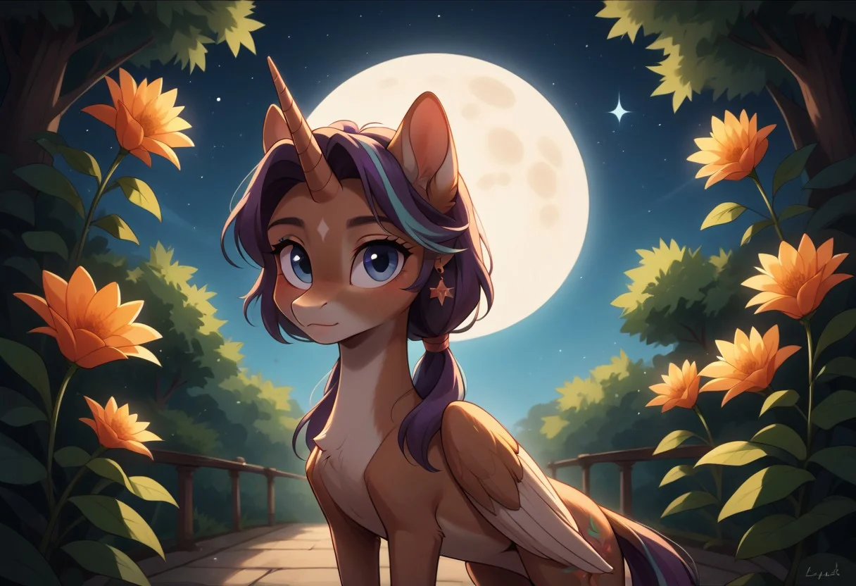 score_9, score_8_up, score_7_up, score_6_up, score_5_up, score_4_up, Starlight Glimmer, alicorn pony, g5, inside, rich colors, aroused, front view, detailed background, pony, detailed, 8k quality, side view, beautiful, teasing, easel and brushes, leaned to the floor, close up, free actions, (masterpiece:1.5), 8k, best quality, ultra-detailed, (high res), cinematic lighting, beautiful lighting, high quality, studio quality, detailed, insanely detailed, extreme detail, refined detail, perfect detail, max detail, smooth lighting, detailed background, hyper detailed body, beautiful lighting, vibrant lighting, global illumination, absurdres, high-res, dynamic lighting, ponypositive, looking at viewer, (narrow waist, skinny, small body, slim), (outdoors, floral garden), bright lighting, daylight, sunshine, cute, kawaii, (closed mouth), happy, ((standing)), alone, gleaming eyes, large eyes, ((cowboy shot)), (hands at the sides), (rating_safe, sfw), source anime, <lora:xl_more_art-full_v1:0.8> , PonyXLV6_Scores, unity 8k wallpaper, perfect anatomy, <lora:PerfectEyesXL:1> , perfect eyes, <lora:hand 5.5:1> , perfect hands, detailed hands, winnie, furry female, brown fur, blue eyes, low twintails, earrings, chibi, night, starry skies, moonlight, large Moon,