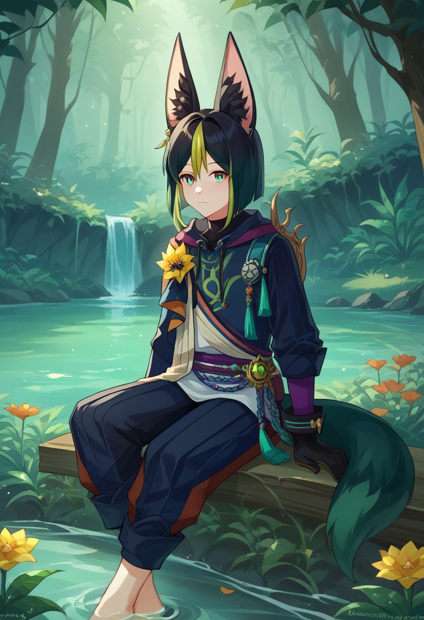 score_9, score_8_up, score_7_up, source_anime, highly detailed,
Tighnari, 1boy, male focus, solo, fox boy, animal ears, animal ear fluff, fox ears, fox tail, multicolored hair, streaked hair, blunt ends, hair between eyes, black hair, green hair, bangs, green eyes, multicolored clothes, hoodie, hood, blue hoodie, drawstring, asymmetrical sleeves, gloves, black gloves, pants, blue pants,  flower, yellow flower, jewelry, medal, earrings, single earring, tassel, vision (genshin impact), barefoot
outdoor, rainforest, plants, flowers, river, sitting, books,