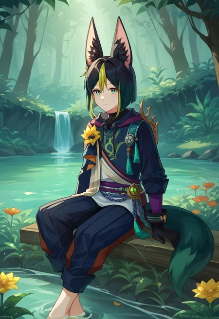score_9, score_8_up, score_7_up, source_anime, highly detailed,
Tighnari, 1boy, male focus, solo, fox boy, animal ears, animal ear fluff, fox ears, fox tail, multicolored hair, streaked hair, blunt ends, hair between eyes, black hair, green hair, bangs, green eyes, multicolored clothes, hoodie, hood, blue hoodie, drawstring, asymmetrical sleeves, gloves, black gloves, pants, blue pants, flower, yellow flower, jewelry, medal, earrings, single earring, tassel, vision (genshin impact), barefoot
outdoor, rainforest, plants, flowers, river, sitting, books,