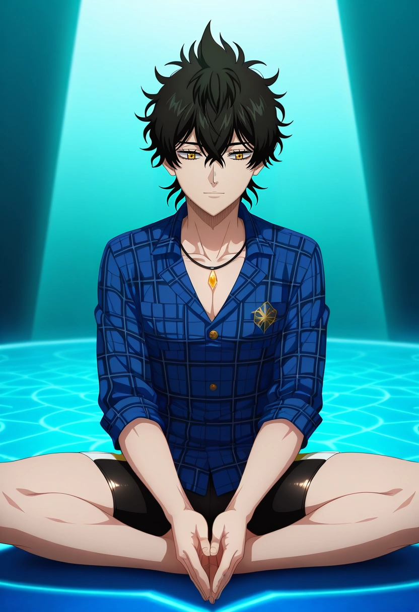 masterpiece, best quality, , anime screencap, , official style, , 1boy, solo, male focus, <lora:yuno_black_clover_ilxl:0.92>, yuno_black_clover, black hair, yellow eyes, short hair, hair between eyes, , crystal sanctuary, gem gardens, light pools, meditation spaces, peaceful pose, tranquil expression, prismatic light, Satin Ikat Sapphire Athletic shorts, Plaid shirt, , ,