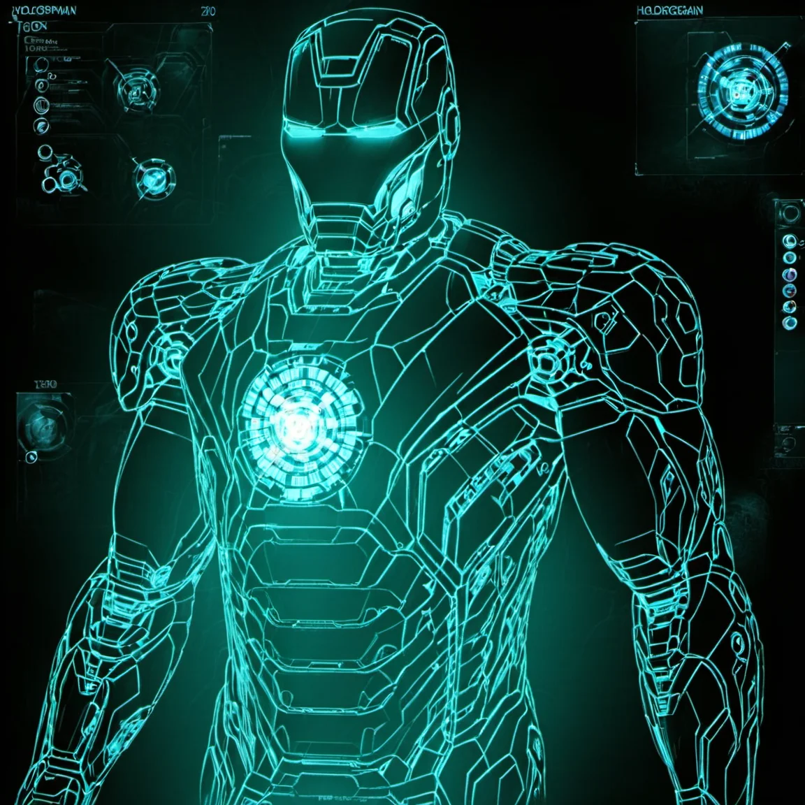 hologrameffect, ironman suit,half body , <lora:hologram_effect:1>
