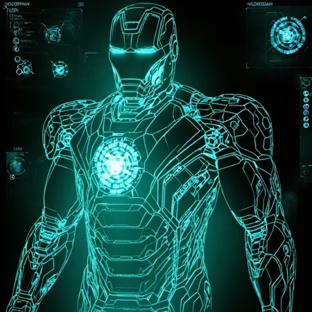 hologrameffect, ironman suit,half body , <lora:hologram_effect:1>