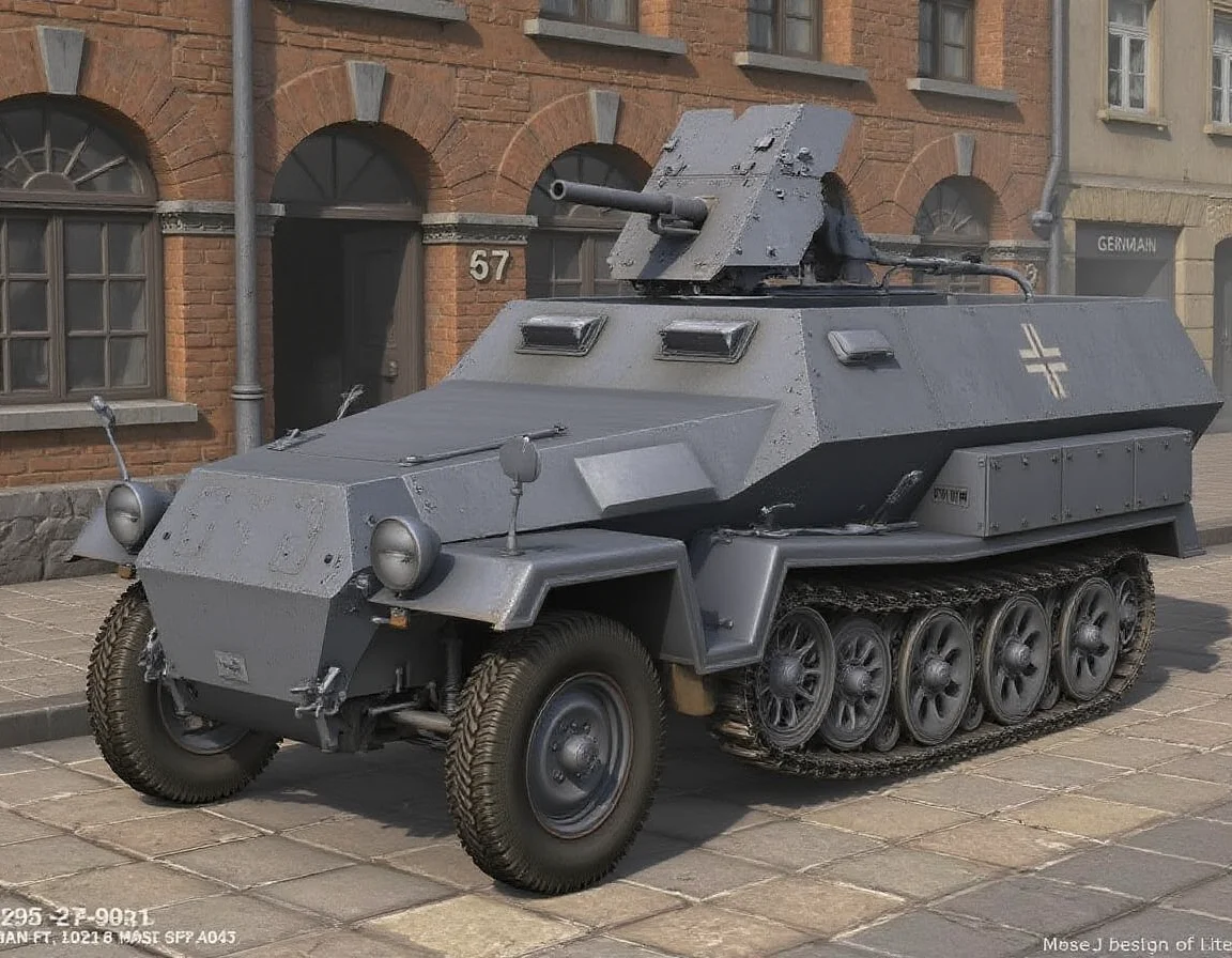 ,  <lora:sd-kfz-251-10:1>sd-kfz-251-10:ã
A German WWII combat vehicle equipped with a 37mm anti-tank gun on an open-top half-track.Three-quarter view.German identification mark of a cross.no humans.City streets, cobblestones, red brick, and plumes of smoke.