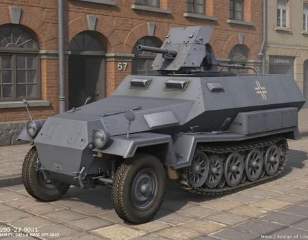 , <lora:sd-kfz-251-10:1>sd-kfz-251-10:ã
A German WWII combat vehicle equipped with a 37mm anti-tank gun on an open-top half-track.Three-quarter view.German identification mark of a cross.no humans.City streets, cobblestones, red brick, and plumes of smoke.