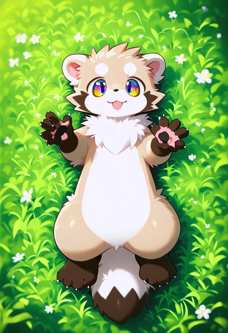 zuppu11, full body, solo, furry, score_9, score_8_up, look at viewer, male focus, raibow eyes, rainbow eyes, no humans, fractal iris, furry male, ferret lying on grass, Fixhand, happy, smile, flux-style, detailed eyes, negative_hand, detailed hands, detailed feets