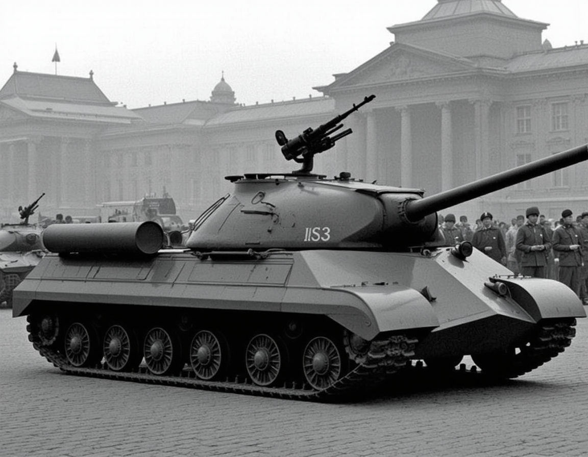 <lora:is3:0.9>is3,This is the Soviet heavy tank, IS3. The vehicle length is 6.67 m, the overall width is 3.2 m, and the overall height is 2.45 m.from side.A vehicle-mounted machine gun on a turret pointed upwards.no humans.Military parade on Red Square, Moscow.