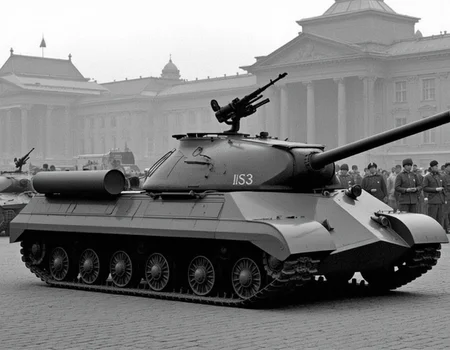 <lora:is3:0.9>is3,This is the Soviet heavy tank, IS3. The vehicle length is 6.67 m, the overall width is 3.2 m, and the overall height is 2.45 m.from side.A vehicle-mounted machine gun on a turret pointed upwards.no humans.Military parade on Red Square, Moscow.
