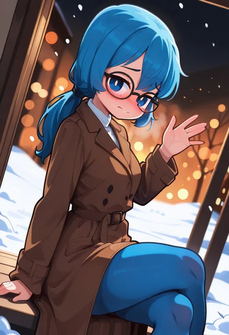 Ghelber,masterpiece, absurdres, 1girl, blue eyes, blue hair, low ponytail, waving, black framed glasses, nerd girl, blush, crossed legs, long coat, blue pantyhose, brown boats, winter, snow, amazing quality, side view, bokeh effect, cinematic framing, ambient occlusion, depth of field, intricate background, looking at viewer, front view, foreshortening, dutch angle, shy girl, white pupils