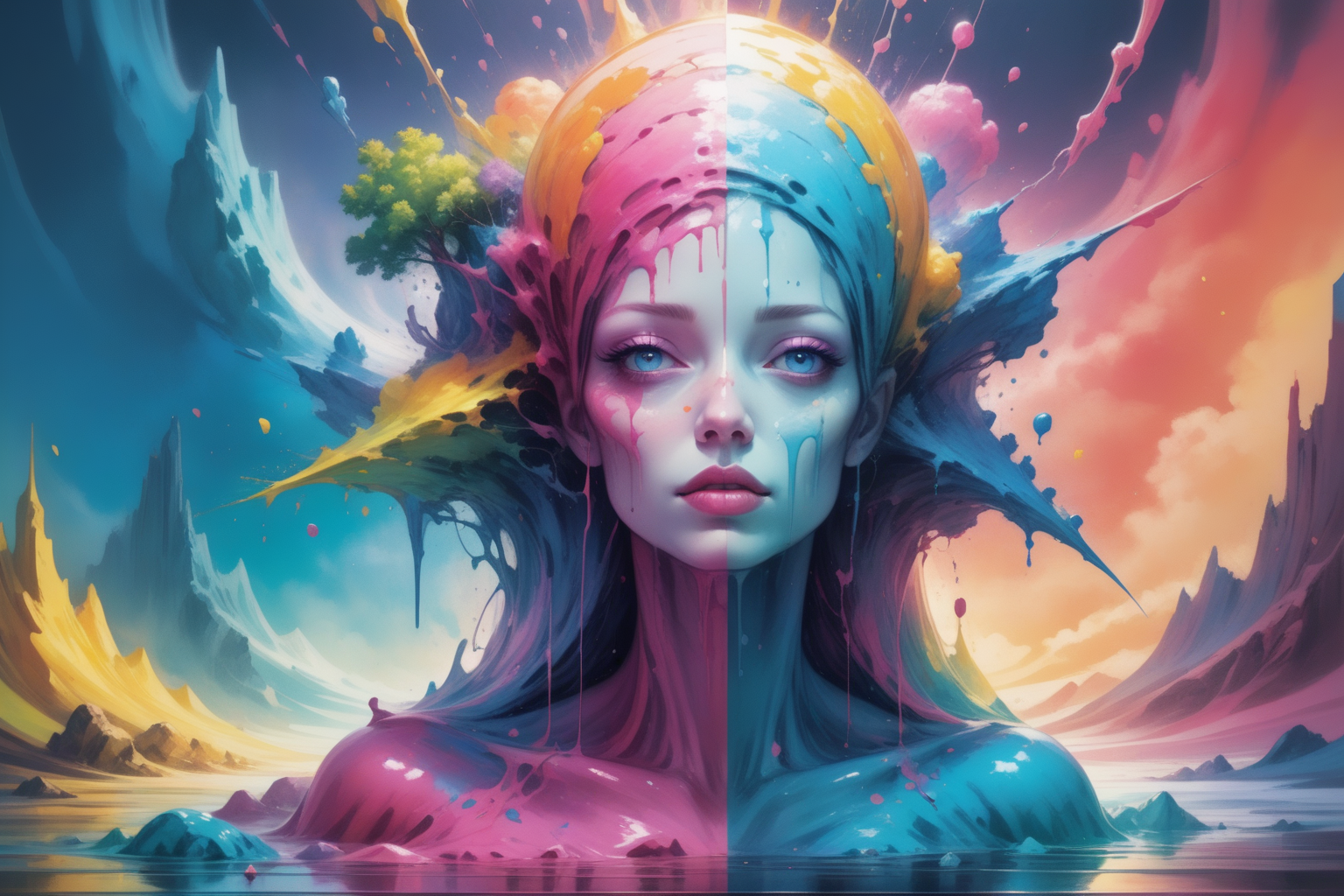 masterpiece, painted world,  colorful splashes, <lora:Painted World-000006:.5> 3 splashes in the background, colorful splashes, brightened bright colorful painting contest winner, artgerm, daz 3d and rendered retrofuturism, concept art, rendered retrofuturism, detailed surrealism aesthetic, 16k resolution trending on artstation made in Maya and Greg Hildebrandt paint art style by Rembrandt Beksinski style by Neo-Gothic art style, anatomically correct, deep surrealist